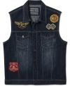 Made to bare arms: A biker-style vest from Ring of Fire in vintage-look denim with souvenir patches sewn on front and back.