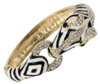 Elegant Zebra with Crystals, Black and White Enamel Stripes Gold Hinged Bangle Bracelet