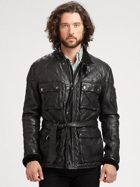 Inspired by a vintage motorcycle jacket, the Jennings Bike Jacket is crafted from supple quilted leather and receives modern updates with a belted waist, reinforced elbow patches and ample utility pockets for storage.Zip frontStand collarChest, waist flap pocketsZippered pocket at sleeveBelted waistFully linedAbout 30 from shoulder to hemLeatherDry cleanImported Inspired by a vintage motorcycle jacket, the Jennings Bike Jacket is crafted from supple quilted leather and receives modern updates with a belted waist, reinforced elbow patches and ample utility pockets for storage.Zip frontStand collarChest, waist flap pocketsZippered pocket at sleeveBelted waistFully linedAbout 30 from shoulder to hemLeatherDry cleanImported