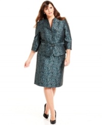 Add a shot of fashionable flair to your work wardrobe with this plus size skirt suit from Tahari by ASL--it's enlivened with a stylish animal print. Add a shot of fashionable flair to your work wardrobe with this plus size skirt suit from Tahari by ASL--it's enlivened with a stylish animal print.