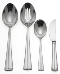 Inspired by the graceful geometry of Art Deco design, Merrill flatware features clean lines and an elegantly tapered handle that makes it the perfect partner to Merrill dinner and stemware. Simply adorned with a raised, beaded detail, it's perfect for formal or casual dining.