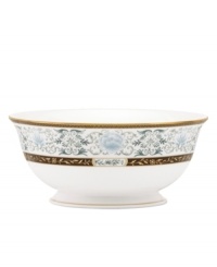 Extraordinarily detailed yet amazingly dishwasher safe, the Palatial Garden serving bowl from Marchesa by Lenox combines teal blossoms, intricate gold vines and velvety brown accents in gold-banded bone china for unparalleled elegance. Extraordinarily detailed yet amazingly dishwasher safe, the Palatial Garden serving bowl from Marchesa by Lenox combines teal blossoms, intricate gold vines and velvety brown accents in gold-banded bone china for unparalleled elegance.