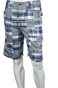 Izod (Madras Shorts) Twill Plaids (Small) Madras (blue, black and white) Flat Front Walking Shorts