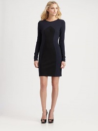 A touch of colorblocking and mixed-media trim give this sleek knit dress an unforgettable look. Round neckLong sleevesContrasting insetConcealed back zipperAbout 19 from natural waistRayon/nylon/spandexDry cleanMade in USA of imported fabric Model shown is 5'10 (177cm) wearing US size Small. A touch of colorblocking and mixed-media trim give this sleek knit dress an unforgettable look. Round neckLong sleevesContrasting insetConcealed back zipperAbout 19 from natural waistRayon/nylon/spandexDry cleanMade in USA of imported fabric Model shown is 5'10 (177cm) wearing US size Small.