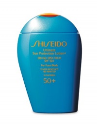 Highly nourishing, water-resistant sunscreen lotion for the face and body with UVA/UVB broad spectrum protection that defends against powerful rays that cause sunburn, cell damage and premature signs of aging. Smooths on evenly with no sticky or filmy feeling. Invisible on skin even after repeated applications. Made in Japan. 3.4 oz. Highly nourishing, water-resistant sunscreen lotion for the face and body with UVA/UVB broad spectrum protection that defends against powerful rays that cause sunburn, cell damage and premature signs of aging. Smooths on evenly with no sticky or filmy feeling. Invisible on skin even after repeated applications. Made in Japan. 3.4 oz.