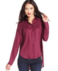 A dramatic high-low hem ups the edge on this BCBGeneration dotted blouse -- perfectly paired with skinny jeans! A dramatic high-low hem ups the edge on this BCBGeneration dotted blouse -- perfectly paired with skinny jeans!