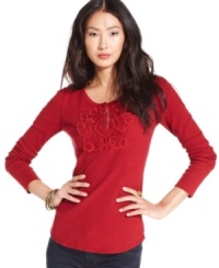 A lace applique adds feminine flair to this Lucky Brand Jeans thermal top -- a stylish spin to a wardrobe staple! A lace applique adds feminine flair to this Lucky Brand Jeans thermal top -- a stylish spin to a wardrobe staple!