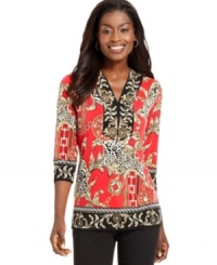 JM Collection's easy petite top comes alive thanks to a bold status print. Dress it up with a skirt, or keep it casual with ponte-knit pants. JM Collection's easy petite top comes alive thanks to a bold status print. Dress it up with a skirt, or keep it casual with ponte-knit pants.