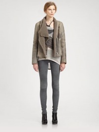 From understated to downtown-chic, this distressed leather jacket finishes the look with dyed shearling trim and a draped front. Dyed shearling collarFront zipper; snap closuresLong sleeves with zippered cuffsDyed shearling liningAbout 25 from shoulder to hemBody: LeatherTrim: Dyed shearlingDry cleanImportedFur origin: SpainModel shown is 5'9 (176cm) wearing US size Small. From understated to downtown-chic, this distressed leather jacket finishes the look with dyed shearling trim and a draped front. Dyed shearling collarFront zipper; snap closuresLong sleeves with zippered cuffsDyed shearling liningAbout 25 from shoulder to hemBody: LeatherTrim: Dyed shearlingDry cleanImportedFur origin: SpainModel shown is 5'9 (176cm) wearing US size Small.