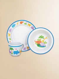 Perfect for the little explorer who's fascinated with the wild creatures found in the jungles and rainforests. Part of the Jungle Parade Collection, this easy-care dinnerware set includes a dinner plate with jungle animals on the border, a bowl with a giraffe, elephant and hippo and mug wrapped with animals on parade.Elegantly gift boxedMelamineCup, 7 oz. capacityPlate, 8DBowl, 6.5W X 1.75HDishwasher safeImported Perfect for the little explorer who's fascinated with the wild creatures found in the jungles and rainforests. Part of the Jungle Parade Collection, this easy-care dinnerware set includes a dinner plate with jungle animals on the border, a bowl with a giraffe, elephant and hippo and mug wrapped with animals on parade.Elegantly gift boxedMelamineCup, 7 oz. capacityPlate, 8DBowl, 6.5W X 1.75HDishwasher safeImported