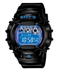Take on the night with this tough yet sweet watch from Baby-G. Crafted of black resin strap and round case. Blue logo at bezel. Neon purple, shock-resistant, digital display dial features EL backlight, world time, four daily alarms and snooze option, hourly time signal, stopwatch, countdown timer and 12/24-hour formats. Quartz movement. Water resistant to 100 meters. One-year limited warranty. Take on the night with this tough yet sweet watch from Baby-G. Crafted of black resin strap and round case. Blue logo at bezel. Neon purple, shock-resistant, digital display dial features EL backlight, world time, four daily alarms and snooze option, hourly time signal, stopwatch, countdown timer and 12/24-hour formats. Quartz movement. Water resistant to 100 meters. One-year limited warranty.