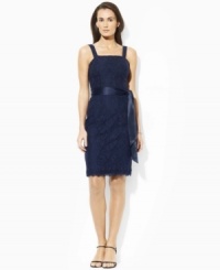 Vintage-inspired floral lace set is against a lustrous charmeuse bodice to define Lauren by Ralph Lauren's sheath silhouette. Vintage-inspired floral lace set is against a lustrous charmeuse bodice to define Lauren by Ralph Lauren's sheath silhouette.