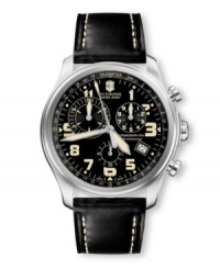 Embrace the universal truth that a classic never goes out of style with Victorinox Swiss Army's handsome Infantry Vintage watch. Black leather strap with contrast stitching and round stainless steel case with anti-reflective sapphire crystal. Black chronograph dial features telemeter scale at outer ring, cream numerals at markers, date window at four o'clock, three subdials, logo and cream accents. Swiss quartz movement. Water resistant to 100 meters. Three-year limited warranty. Embrace the universal truth that a classic never goes out of style with Victorinox Swiss Army's handsome Infantry Vintage watch. Black leather strap with contrast stitching and round stainless steel case with anti-reflective sapphire crystal. Black chronograph dial features telemeter scale at outer ring, cream numerals at markers, date window at four o'clock, three subdials, logo and cream accents. Swiss quartz movement. Water resistant to 100 meters. Three-year limited warranty.