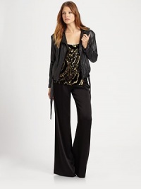 For an edgy-chic look, this motorcycle-inspired silhouette in supple leather is the perfect choice. Notched lapelsAsymmetrical front zipLong sleevesFront slash pocketsAbout 22 from shoulder to hemBody: leatherLining: silk/spandexDry cleanImported Model shown is 5'10 (178cm) wearing US size Small. For an edgy-chic look, this motorcycle-inspired silhouette in supple leather is the perfect choice. Notched lapelsAsymmetrical front zipLong sleevesFront slash pocketsAbout 22 from shoulder to hemBody: leatherLining: silk/spandexDry cleanImported Model shown is 5'10 (178cm) wearing US size Small.