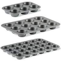 Available in 6, 12, and 24 mini cup sizes, this Calphalon muffin pan promises a lifetime of delicious baking. The durable nonstick coating provides long lasting durability while the aluminized steel construction resists rust. Available in 6, 12, and 24 mini cup sizes, this Calphalon muffin pan promises a lifetime of delicious baking. The durable nonstick coating provides long lasting durability while the aluminized steel construction resists rust.