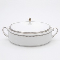 A beautiful collection for formal dining in white fine bone china with delicate platinum-hued rim accents. A beautiful collection for formal dining in white fine bone china with delicate platinum-hued rim accents.