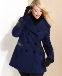 Via Spiga updates a plus size pea coat with sleek faux-leather trim. Edgy styling makes this classic topper look totally fresh. Via Spiga updates a plus size pea coat with sleek faux-leather trim. Edgy styling makes this classic topper look totally fresh.