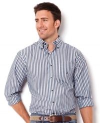 Seamless style. Go from work to play in this stylish vertical stripe shirt by Nautica.