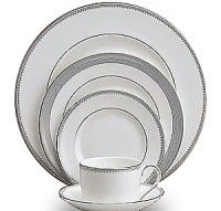 A beautiful collection for formal dining in white fine bone china with delicate platinum-hued rim accents. A beautiful collection for formal dining in white fine bone china with delicate platinum-hued rim accents.