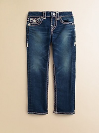 Stylish and sweet, this adorable pair of mini-me jeans has requisite, heritage-inspired, contrast stitching and silver hardware for added flare.Front button closureWaistband with belt loopsZip flyFive-pocket style98% cotton/2% spandexMachine washImported of domestic fabric Stylish and sweet, this adorable pair of mini-me jeans has requisite, heritage-inspired, contrast stitching and silver hardware for added flare.Front button closureWaistband with belt loopsZip flyFive-pocket style98% cotton/2% spandexMachine washImported of domestic fabric