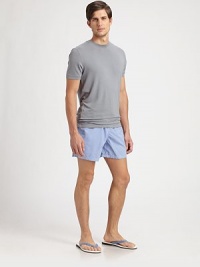 Soft, mini-check pattern accents this modern-fit, quick-drying essential swim trunk.Elastic drawstring waistSide slash, back flap pocketMesh liningInseam, about 4PolyamideMachine washImported Soft, mini-check pattern accents this modern-fit, quick-drying essential swim trunk.Elastic drawstring waistSide slash, back flap pocketMesh liningInseam, about 4PolyamideMachine washImported