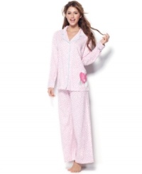 The aqua trim on Hue's Heart notch collar pajama top provides the perfect contrast against the pink and white pattern, setting the scene for the cute heart screen print on the left hip. The full-length pants are super comfy. The aqua trim on Hue's Heart notch collar pajama top provides the perfect contrast against the pink and white pattern, setting the scene for the cute heart screen print on the left hip. The full-length pants are super comfy.