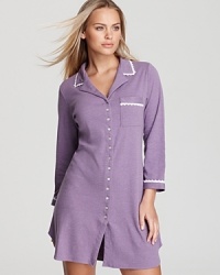 The comfort of his with the appeal of hers, this pocketed sleepshirt puts a twist on boyfriend style with floral applique detailing and soft colors. The comfort of his with the appeal of hers, this pocketed sleepshirt puts a twist on boyfriend style with floral applique detailing and soft colors.