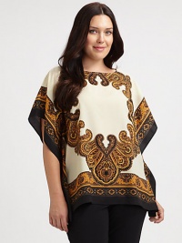 Featuring a pristine print, there is so much to love about this silky relaxed-fit top. BoatneckKimono sleevesPull-on styleSide slitsSolid trimAbout 27 from shoulder to hemPolyesterMachine washImported Featuring a pristine print, there is so much to love about this silky relaxed-fit top. BoatneckKimono sleevesPull-on styleSide slitsSolid trimAbout 27 from shoulder to hemPolyesterMachine washImported