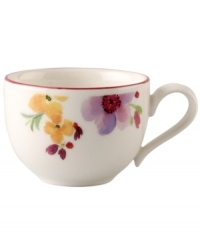 Prolong spring with the lively Mariefleur after-dinner cup. Splashy colors adorn premium white porcelain edged in red and designed for everyday dining. Mix and match with New Cottage dinnerware, also by Villeroy & Boch. Prolong spring with the lively Mariefleur after-dinner cup. Splashy colors adorn premium white porcelain edged in red and designed for everyday dining. Mix and match with New Cottage dinnerware, also by Villeroy & Boch.