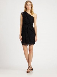 Ultra-romantic lace, tailored with an asymmetrical neckline and shaped with soft, feminine pleats.Asymmetrical necklineSingle cap sleevePleats at waistScalloped hemlineConcealed side zipFully linedAbout 20 from natural waistNylon/RayonDry cleanMade in USAModel shown is 5'10½ (179cm) wearing US size 4. Ultra-romantic lace, tailored with an asymmetrical neckline and shaped with soft, feminine pleats.Asymmetrical necklineSingle cap sleevePleats at waistScalloped hemlineConcealed side zipFully linedAbout 20 from natural waistNylon/RayonDry cleanMade in USAModel shown is 5'10½ (179cm) wearing US size 4.
