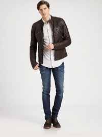 A trend-of-the-moment skinny silhouette, complete with slight stretch, whiskering and fading, creates the ultimate contemporary look. Banded waist with belt loops Front zip and button closure Five-pocket style Back logo detail Slim fit silhouetteInseam, about 34 98% cotton/2% elastane Machine wash Made in Italy of imported fabric A trend-of-the-moment skinny silhouette, complete with slight stretch, whiskering and fading, creates the ultimate contemporary look. Banded waist with belt loops Front zip and button closure Five-pocket style Back logo detail Slim fit silhouetteInseam, about 34 98% cotton/2% elastane Machine wash Made in Italy of imported fabric