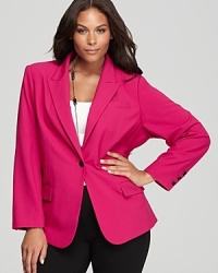 A vibrant palette accentuates the slim tailoring and structured silhouette of a VINCE CAMUTO Plus blazer for thoroughly feminine approach to the classic suiting staple. A vibrant palette accentuates the slim tailoring and structured silhouette of a VINCE CAMUTO Plus blazer for thoroughly feminine approach to the classic suiting staple.