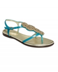 Dainty straps with dramatic decor. The Allik thong sandals by Vince Camuto make a big impact with heavy metallic beading. Dainty straps with dramatic decor. The Allik thong sandals by Vince Camuto make a big impact with heavy metallic beading.