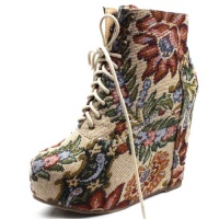 Vintage Berkeley-05 Beige Floral Laced Up Wedge Heel Ankle Boots Vintage Berkeley-05 Beige Floral Laced Up Wedge Heel Ankle Boots