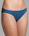 Calvin Klein Underwear does the classic lace bikini with a mesh back and scalloped trim. Style #F3536.