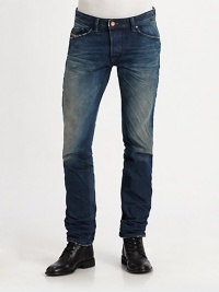 A distressed, tapered-leg design with faded, whiskered and frayed details, finished with a resin and eco dirty treatment. Banded waist with belt loops Front zip and button closure Five-pocket style Signature stitching on back pockets Back patch detail Regular slim silhouetteInseam, about 30 Cotton Machine wash Made in Italy A distressed, tapered-leg design with faded, whiskered and frayed details, finished with a resin and eco dirty treatment. Banded waist with belt loops Front zip and button closure Five-pocket style Signature stitching on back pockets Back patch detail Regular slim silhouetteInseam, about 30 Cotton Machine wash Made in Italy