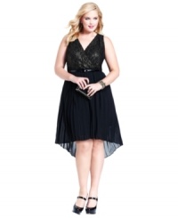 SL Fashions' plus size dress is on-trend with a shimmering metallic lace bodice and a pleated high-low skirt. SL Fashions' plus size dress is on-trend with a shimmering metallic lace bodice and a pleated high-low skirt.