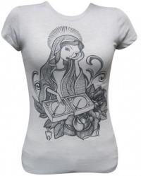 Women's DJ Virgin Mary Scratching Turntable by Whitney Lenox Tattoo Alternative T Shirt Silver Women's DJ Virgin Mary Scratching Turntable by Whitney Lenox Tattoo Alternative T Shirt Silver