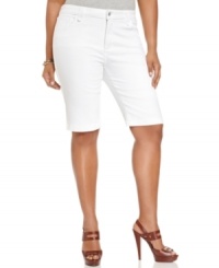 A sleek fit defines Not Your Daughter's Jeans' plus size Bermuda shorts, featuring a control panel for a flattering shape-- pair them with your favorite tanks and tees! A sleek fit defines Not Your Daughter's Jeans' plus size Bermuda shorts, featuring a control panel for a flattering shape-- pair them with your favorite tanks and tees!