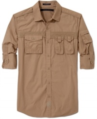 A flight shirt from Sean John that's all that. Two tab pockets on the left chest and a button-flap pocket on the right. Another pocket on the left sleeve. A strip of net across the chest. Plus buttoned tab sleeves for roll-up styling. A flight shirt from Sean John that's all that. Two tab pockets on the left chest and a button-flap pocket on the right. Another pocket on the left sleeve. A strip of net across the chest. Plus buttoned tab sleeves for roll-up styling.