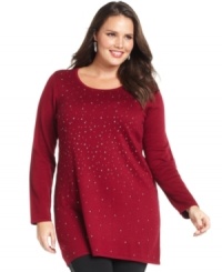 Let your look shimmer with Design 365's plus size tunic sweater, accented by an embellished front. Let your look shimmer with Design 365's plus size tunic sweater, accented by an embellished front.