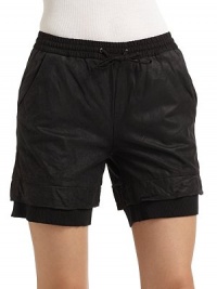 THE LOOKElastic waist with drawstring tie closureBack welt pocketsRibbed knit cuffsTHE FITRise, about 10Inseam, about 6THE MATERIALLeatherSecond fabric: cottonFully linedCARE & ORIGINDry clean by leather specialistImportedModel shown is 5'10½ (179cm) wearing US size 4. THE LOOKElastic waist with drawstring tie closureBack welt pocketsRibbed knit cuffsTHE FITRise, about 10Inseam, about 6THE MATERIALLeatherSecond fabric: cottonFully linedCARE & ORIGINDry clean by leather specialistImportedModel shown is 5'10½ (179cm) wearing US size 4.