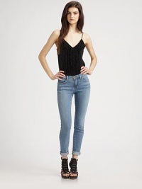 Sleek, ruffle-front design has a v-neck, spaghetti straps and snap closures for your convenience. V-neckSpaghetti strapsSnap crotch closuresBodice: SilkBody: RayonDry cleanImportedModel shown is 5'10 (177cm) wearing US size Small. Sleek, ruffle-front design has a v-neck, spaghetti straps and snap closures for your convenience. V-neckSpaghetti strapsSnap crotch closuresBodice: SilkBody: RayonDry cleanImportedModel shown is 5'10 (177cm) wearing US size Small.