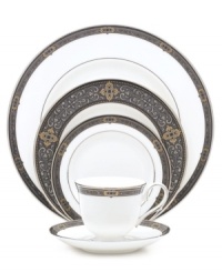 For nearly 150 years, Lenox has been renowned throughout the world as a premier designer and manufacturer of fine china. The Vintage Jewel place settings pattern from Lenox's dinnerware and dishes collection evokes a more gracious era, combining pure white bone china with a dark, richly patterned band of muted gold, taupe, charcoal, and black, and accented with subtle touches of cobalt blue. For nearly 150 years, Lenox has been renowned throughout the world as a premier designer and manufacturer of fine china. The Vintage Jewel place settings pattern from Lenox's dinnerware and dishes collection evokes a more gracious era, combining pure white bone china with a dark, richly patterned band of muted gold, taupe, charcoal, and black, and accented with subtle touches of cobalt blue.