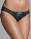 A gorgeous mesh bikini with lace overlay and satin bow embellishment. Style #E15-924