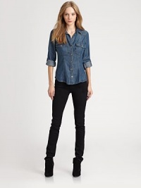 Western inspiration in its truest form, this chambray shirt gets updated by buttoned front patch pockets and long roll-tab sleeves. Point collarButtoned front patch pocketsButton frontLong roll-tab sleeves with buttoned cuffsTencelMachine washMade in USA of imported fabricModel shown is 5'9 (176cm) wearing US size Small. Western inspiration in its truest form, this chambray shirt gets updated by buttoned front patch pockets and long roll-tab sleeves. Point collarButtoned front patch pocketsButton frontLong roll-tab sleeves with buttoned cuffsTencelMachine washMade in USA of imported fabricModel shown is 5'9 (176cm) wearing US size Small.