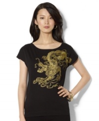 Lauren Ralph Lauren's cotton jersey tee exudes casual-chic flair with an exotic dragon design at the front. Lauren Ralph Lauren's cotton jersey tee exudes casual-chic flair with an exotic dragon design at the front.