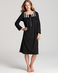 Elevate your bedroom basics with Eileen West's dotted nightgown. Floral lace pleating and flower-shaped buttons lend a lovely touch. Elevate your bedroom basics with Eileen West's dotted nightgown. Floral lace pleating and flower-shaped buttons lend a lovely touch.