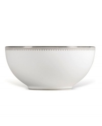 Like the grosgrain ribbons that dangle from her famous dresses, this white bone china collection of dinnerware and dishes from Vera Wang features two different platinum grosgrain borders. The wide corded border of textured grosgrain evokes soft elegance while the narrow wisp of platinum edging adds chic style. Serving bowl shown left. Like the grosgrain ribbons that dangle from her famous dresses, this white bone china collection of dinnerware and dishes from Vera Wang features two different platinum grosgrain borders. The wide corded border of textured grosgrain evokes soft elegance while the narrow wisp of platinum edging adds chic style. Serving bowl shown left.
