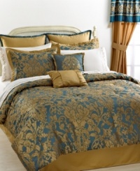 Utterly magnificent, this Buckingham comforter set makes a statement in any space with a lovely flourish pattern in shimmering gold and rich blue that perfectly complement each other. This comprehensive set comes with enough components to give your room a fantastic new look. Utterly magnificent, this Buckingham comforter set makes a statement in any space with a lovely flourish pattern in shimmering gold and rich blue that perfectly complement each other. This comprehensive set comes with enough components to give your room a fantastic new look.